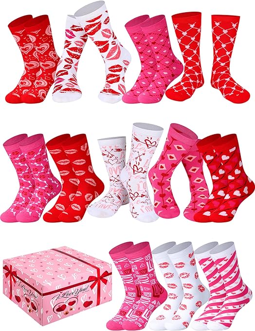 Photo 1 of 12 Pairs Valentines Day Seasonal Holiday Crew Socks Colorful Fancy Soft Stretchy Novelty Design Heart Socks with Gift Box for Women Girls
