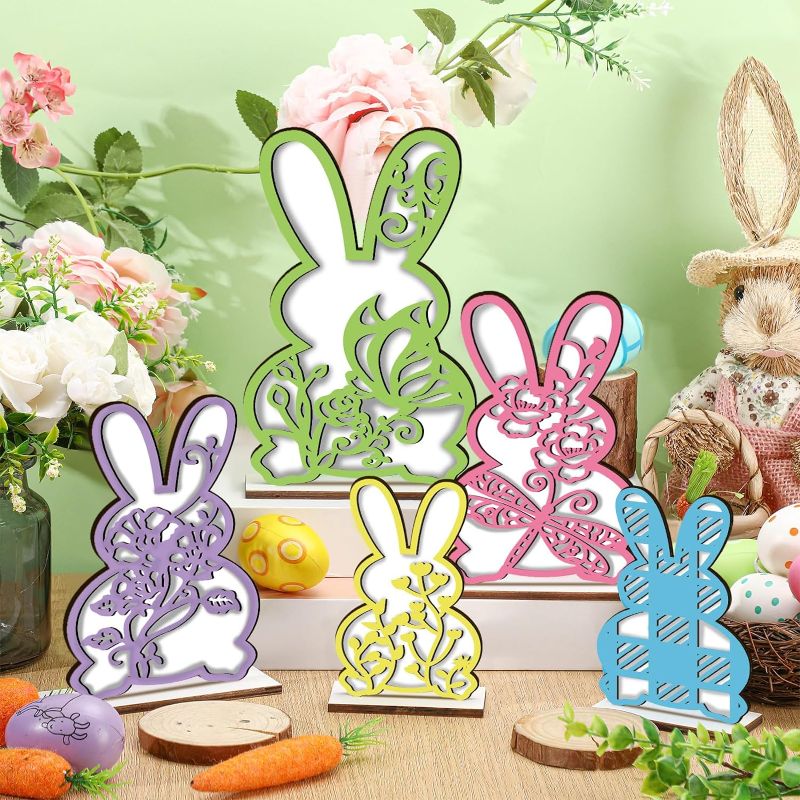 Photo 1 of 5 Pcs Easter Bunny Table Wooden Signs Rabbit Shaped Wood Tabletop Centerpieces Bunny Tiered Tray Decor Easter Bunny Decorations for Spring Party Table Mantel Home Office Dining
