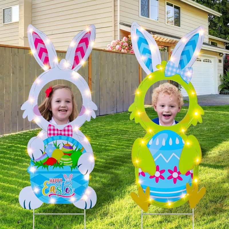 Photo 1 of 2 Pcs Easter Face Yard Sign Decorations with Lights 35.4 Inch Cute Bunny and Chick Large Outdoor Easter Bunnies Decorations Happy Easter Egg Hunt Yard Stake for Spring Easter Garden Decoration
