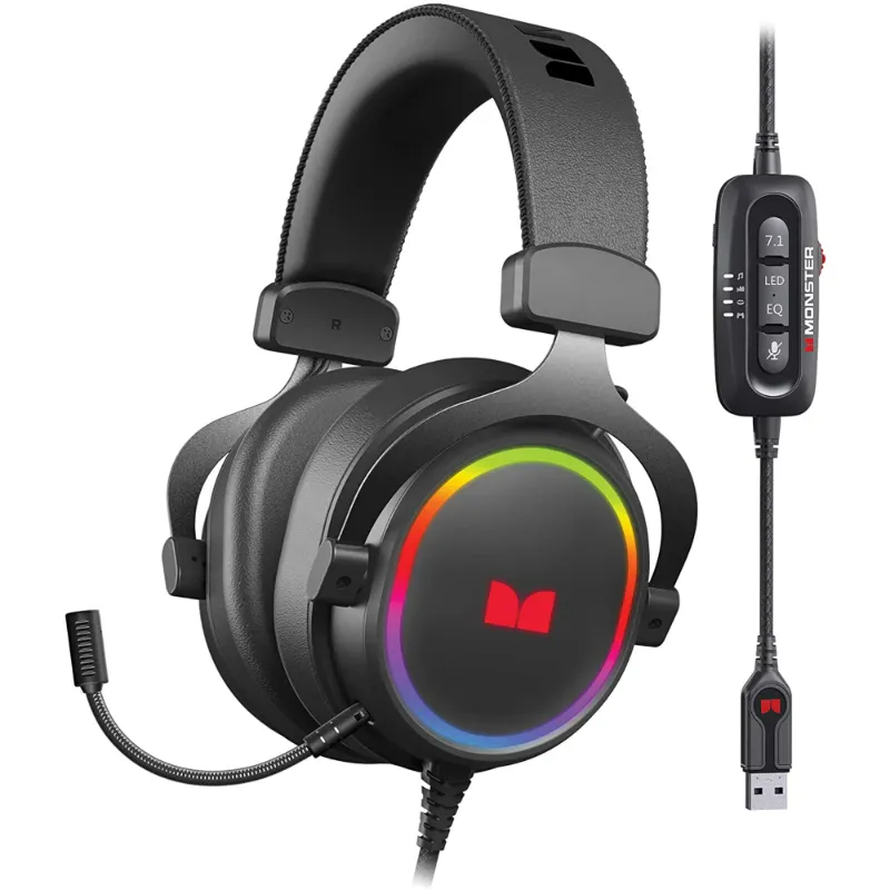 Photo 1 of Monster Digital Alpha 7.1 RGB Illuminated Gaming Headset with 7.1 Surround Sound, Noise-Cancelling Detachable Mic, Cushioned Earcups – for PC Gaming
