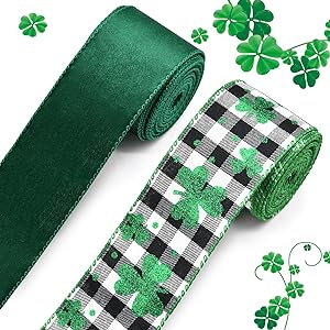 Photo 1 of 2 Rolls 2.5" x 10 Yards St. Patrick's Day Ribbon for Gift Wrapping, Glitter Shamrock Buffalo Plaid & Green Velvet Wired Ribbon for Irish Crafting, Garlands, Wreaths, DIY Ornaments, Holiday Party Decor