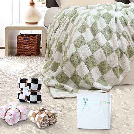 Photo 1 of Checkered Throw Blanket, Knitted Checkerboard Grid Warmer Fluffy Shaggy Soft Cozy Fuzzy Bed Best Gifts for Mom Women with Box for Home Chair Sofa Couch
