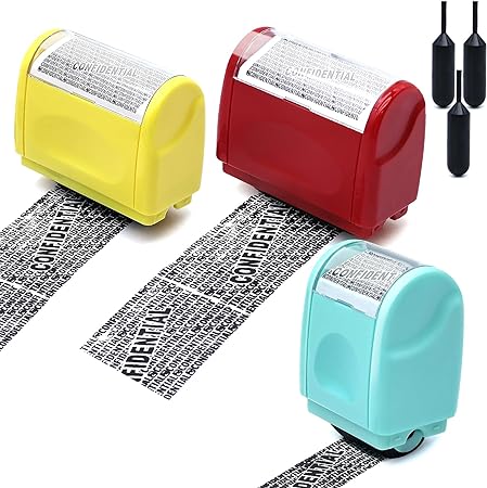 Photo 1 of Identity Theft Protection Roller Stamp 3PCS Confidential Roller Stamp with 3 Pack Refills Ink Privacy Stamp Roller for Mail Anti Theft Rolling Security Stamp Address Roller Guard Stamp Mixed Color