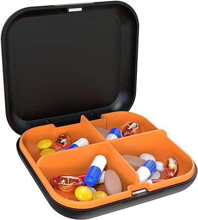 Photo 1 of Pill Box Portable Pill Dispensing Box, Travel Portable Pill Box, 4-Compartment Daily Portable Pill Organizer, Suitable for Vitamins, Medicines, Fish Oil (Black+Orange