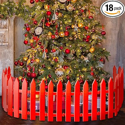 Photo 1 of  Christmas Tree Fence Red Plastic Picket Fence Xmas Decorations Heavy Duty Anti-Fall Indoor Outdoor Grass Lawn Decorative Fences for Pet Home Wedding Garden Party
