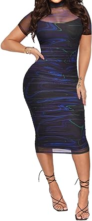 Photo 1 of 5Z6Y Women Sexy Two Piece Long Sleeve Printed Sheer Mesh Midi Dress See Through Bodycon Clubwear Night Dress Size Small