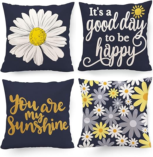 Photo 1 of Hexagram Yellow and Blue Decorative Pillow Covers 18 x 18 Daisy Sunflower Yellow Throw Pillow Cover Set of 4 for Couch Living Room Sofa Patio Outdoor You are My Sunshine Yellow Dark Blue Home Decor