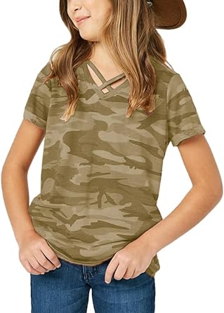 Photo 1 of Girls Camouflage Stripe Short Sleeve Shirts V Neck Criss Cross Tees Sweat Kids Casual Sport Tops Blouse?4-15T? https://a.co/d/g9omyxs