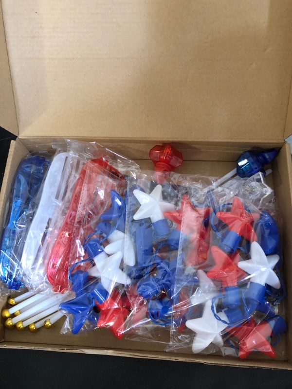 Photo 2 of 17Pcs 4th of July Light up Accessories, Patriotic Party Favors Red White and Blue Light Up Necklaces Glow Rings LED Glasses Mini USA Flags for Fourth of July Memorial Day Decorations 4th of July Party