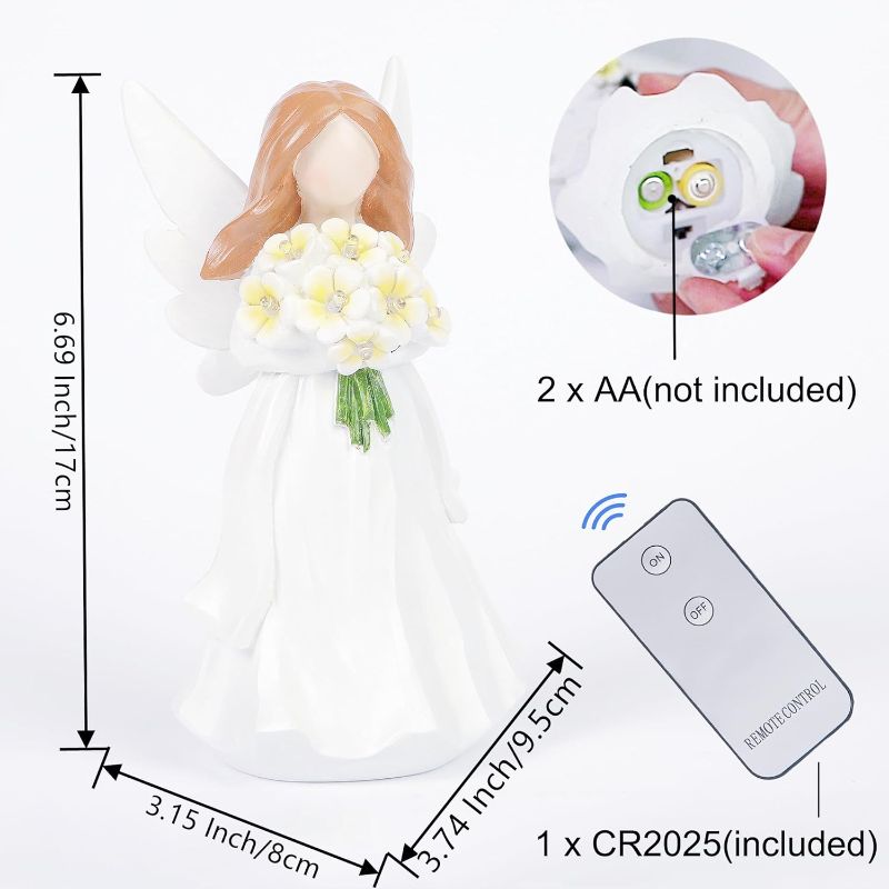 Photo 1 of Hand-Painted Angel Figurine Battery Operated with Holding 8 LED Warm White Lights Yellow Flower and Switch Remote Controller for Women Appreciation Gifts Home Decor(Antique White)
