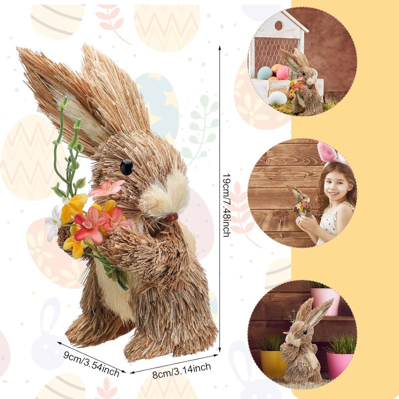 Photo 3 of 2 Pcs 7.48" Easter Decorations Standing Bunny Couple Tabletop Sisal Easter Bunny Figurine with Flower Straw Rabbit Decor Statue Spring Decorations for Garden Home Table Kitchen Farmhouse