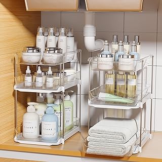 Photo 1 of Delamu 2 Sets of 3-Tier Bathroom Under Sink Organizers and Storage, Multi-Purpose Stackable Pantry Organization and Storage, Pull Out Clear Kitchen Bathroom Cabinet Organizer with Movable Dividers
