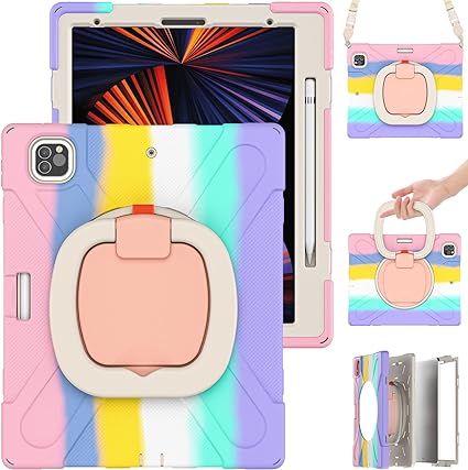 Photo 1 of Tuiklol iPad Pro 12.9 Inch M2 2022 Case Gen 6th/5th/4th/3rd (2021 2020 2018) Case with Pen Holder/Rotate Hand Strap/Shoulder Strap, Protection Duty Shockproof Silicone Cover for Kid,Colorful Pink