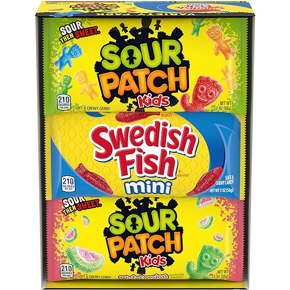 Photo 1 of 
SOUR PATCH KIDS and SWEDISH FISH Mini Soft & Chewy Candy Variety Pack, 18 - 2 oz Bags