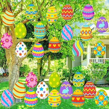 Photo 1 of 28 Pcs Easter Decorations Outdoor Easter Eggs Yard Signs Hanging Ornaments for Tree Outdoor Lawn Decoration Colorful Easter Egg Lawn Sign for Easter Garden Lawn Porch Home