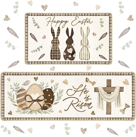 Photo 1 of 2 Pieces Happy Easter Kitchen Rugs Bunny Rug and Mat Easter Egg Mat Floor Rug for Easter Home Holiday Decor, 17 x 29 Inches, 17 x 47 Inches