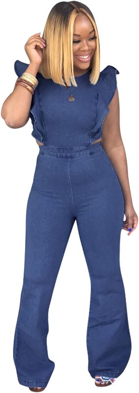 Photo 1 of ECHOINE Women's Sexy Ruffled Denim Jumpsuits Solid Wide Leg Long Romper Pants Clubwear  XXL 