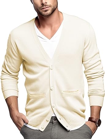 Photo 1 of  Mens Cardigan Sweater 100% Cotton Pockets Casual Slim Fit V-Neck Knitted Sweaters Button up  med 