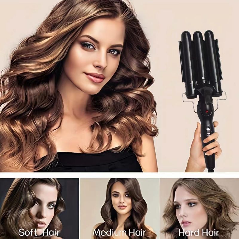 Photo 1 of 3-Tube - Calcium Carbide Ceramic Curling Iron for All Types of Hair,Fast Heating Fixed Shape Curling Iron -Black
 