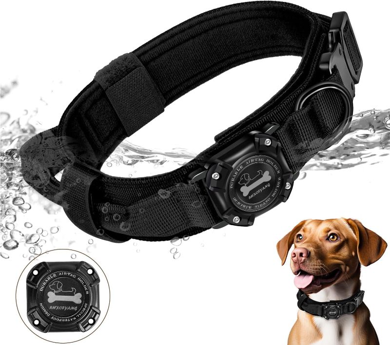 Photo 1 of Tactical Airtag Dog Collar, Adjustable Military Tactical Dog Collar with Control Handle and Heavy Metal Buckle, Waterproof Air Tag Dog Collar Holder for Medium Large Dogs (M, Black)
 