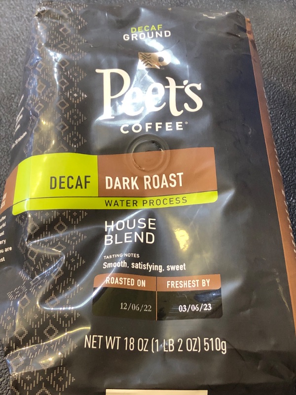Photo 1 of Peets Coffee Coffee, Ground, Dark Roast, Decaf House Blend, Decaf, Peetnik Pack - 18 oz expired 