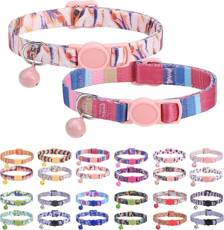 Photo 1 of Breakaway Cat Collars for Girl Boy Cats, Spring Summer All Weather Cat Collar Personalized Pattern 2 Pack,Cute Classic Safety Buckles and Bells,Adjustable Printed Nylon Colorful Kitten Collar
 