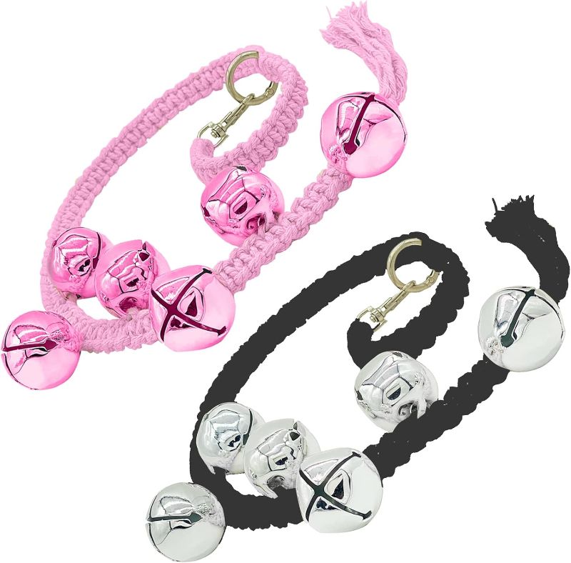 Photo 1 of Dog Bell for Door Potty Training 2 Pack| Extra Loud Dog Hanging Doorbell Bells| Adjustable Durable Braided Rope Door Bell for Small Dogs to Ring to Go Outside(Black+Pink)
 