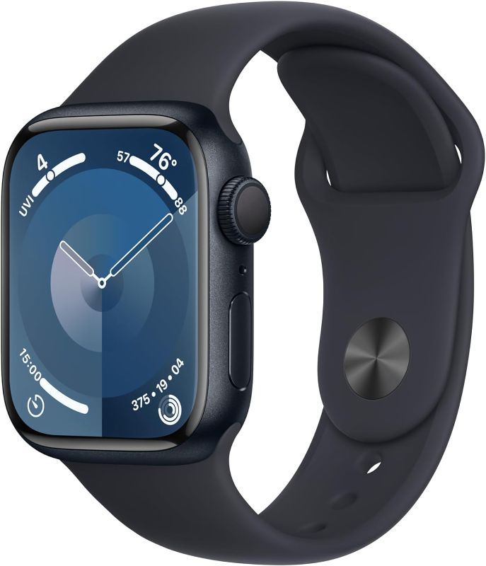 Photo 1 of Apple Watch Series 9 [GPS 41mm] Smartwatch with Midnight Aluminum Case with Midnight Sport Band M/L. Fitness Tracker, Blood Oxygen & ECG Apps, Always-On Retina Display Midnight Aluminum Case with Midnight Sport Band 41mm S/M - fits 130–180mm wrists Withou