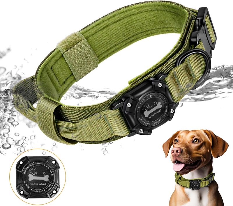 Photo 1 of Tactical Airtag Dog Collar, Adjustable Military Tactical Dog Collar with Control Handle and Heavy Metal Buckle, Waterproof Air Tag Dog Collar Holder for Medium Large Dogs (M, Green)
 