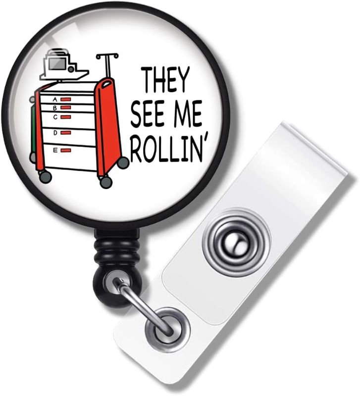 Photo 1 of They See Me Rollin' Retractable ID Badge Holder Badge Reels with Clip Name Card Holders for Office Worker Doctor Nurse Volunteer Teacher Student Lab Technician
 