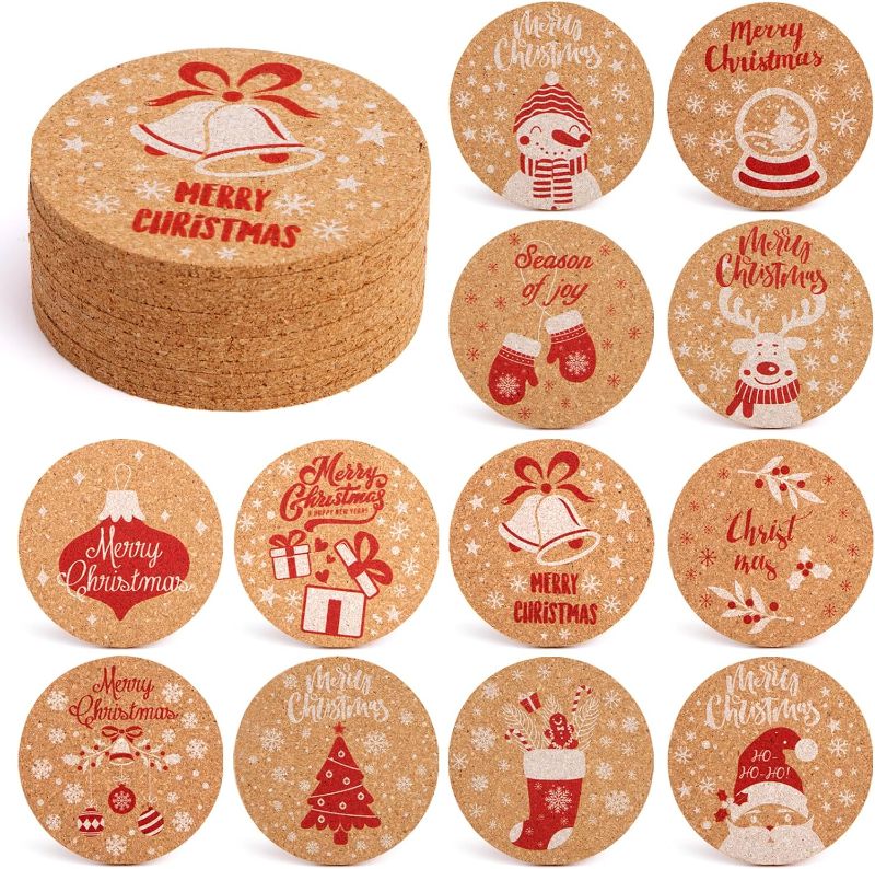 Photo 1 of 12PCS Christmas Cork Coasters, 4Inch Cork Cup Mat Xmas Wooden Coasters for Xmas Party Home Kitchen Table Supplies
 