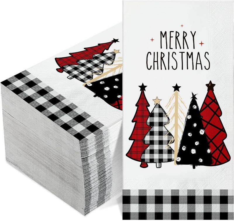 Photo 1 of  Pcs Christmas Napkins Bulk Holiday Disposable Paper Guest Hand Towel Christmas Tree Cocktail Napkins Merry Christmas Hand Napkins for Home Kitchen Winter Xmas Party (17.3 x 12.9 Inch Unfolded) 