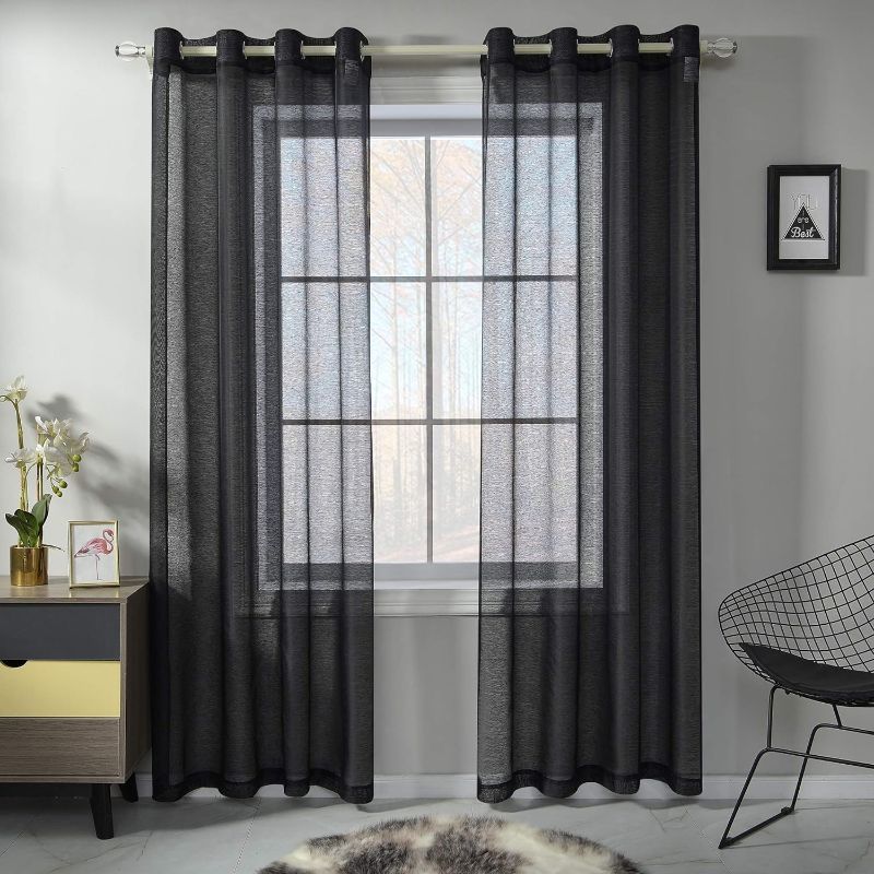Photo 1 of Panels for Bedroom Faux Linen Sheer Drapes Solid Luxury Grommet Black Textured Sheer Curtains for Living Room Basement Windows  52x63 inch 