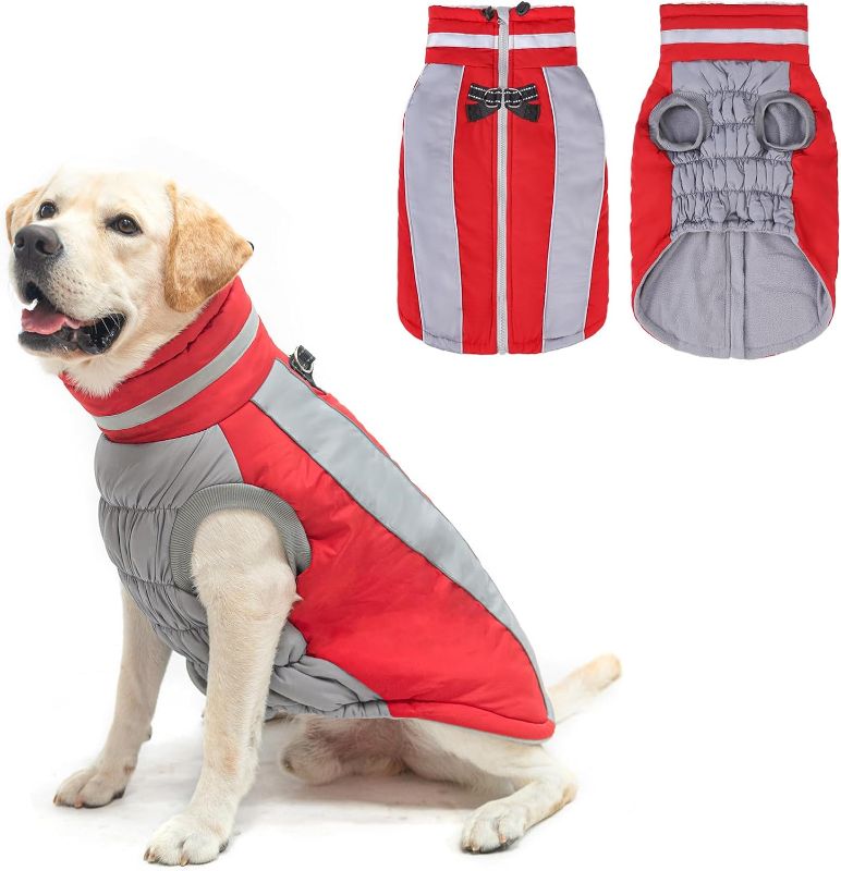 Photo 1 of Warm Dog Winter Coat with Harness, Waterproof Dog Jackets for Small Medium Large Dogs,Windproof Reflective Dog Fleece Puffer Vest,Winter Dog Clothes Outfit Apparel for Cold Weather,Red 