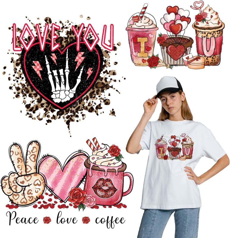 Photo 1 of Valentine's Day Iron on Decals for T-Shirts Iron on Decals Patches Milk-Tea Heart-Shaped Balloon Rose Love Letter Human Skeleton Iron on Sticker for Clothes Pillow Bags DIY Supplies Decoartions
