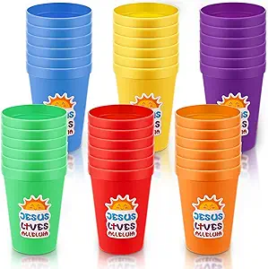 Photo 1 of 48 Pcs Religious Easter Party Plastic Cups 6.7oz Happy Jesus Lives Easter Reusable Plastic Cups Religious Colorful Jesus Lives Alleluia Cups for Easter Party Sunday School Education Celebration