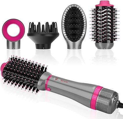 Photo 1 of IG INGLAM 4 in 1 Blowout Brush, Negative Ion Detachable Hair Dryer & Styler Volumizer Hot Air Brush with 2 Styling Brush Heads, Silver