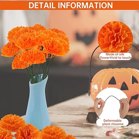 Photo 1 of 50Pcs Artificial Marigold Flower Heads, Silk Marigold Heads Bulk Fake Flowers for Dia De Los Muertos Decor DIY Marigold Garland Day of The Dead Decorations