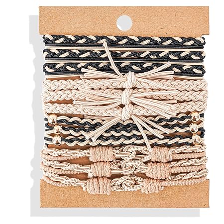 Photo 1 of Hair Ties Bracelet Boho Hair Tie for Women Thick Hair Mothers Day Gift, Lolalet Super Cute Soft Braided Hair Elastics Bands, Strong No Pull Nylon Hair Ponytail Holder for Long Hair -12 Pcs, Style E