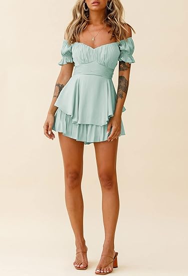 Photo 1 of Meenew Women's Off Shoulder Romper Summer Ruffle Shorts Jumpsuit Boho Playsuit V    LARGE 