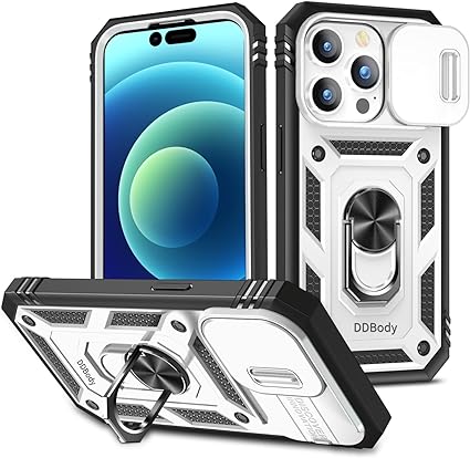 Photo 1 of iPhone 14 Pro Case, Phone Case iPhone 14 Pro,iPhone 14 Pro Case with Camera Cover & Kickstand Military Grade Shockproof Heavy Duty Protective with Magnetic Car Mount Holder Case (White)