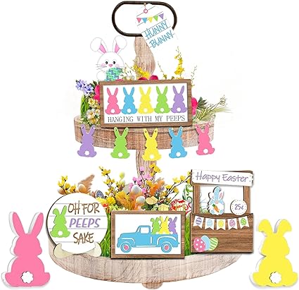 Photo 1 of 12Pcs Easter Tiered Tray Decor: Spring Table Wooden Sign Decorations Happy Easter Gnome Bunny Eggs Set for Holiday Kitchen Home Farmhouse Rustic Party Tabletop