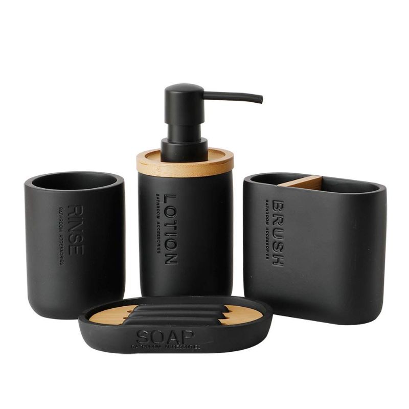 Photo 1 of Bathroom Accessories Set of 4 Including Decorative soap Dispenser, soap Dish, Glass Toothbrush Holder and Wood and Bamboo Accessories, BLACK , 2.48x2.48x6.24