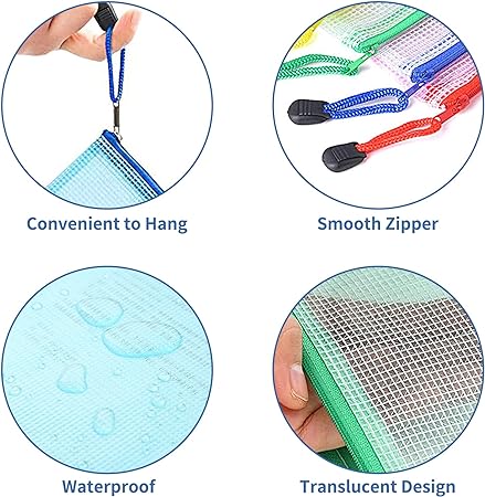 Photo 1 of SAYEEC 6Pcs Mesh Zipper Pouch Organizer, Waterproof Mesh File Bags with Zipper, Plastic Zip Document Folders Pouch Storage Bags for Organizing School Office Home Supplies, 6 Sizes, 5 Random Colors