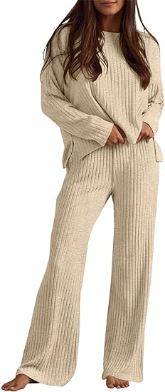 Photo 1 of   SMALL      Fisoew Womens 2 piece Lounge Sets Ribbed Knit Long Sleeve Pullover Tops Wide Leg Pants Matching Sets