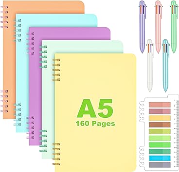 Photo 1 of Lined Spiral Notebook for Journal Set, 5 Pack 5.8" x 8.3" Aesthetic A5 Cute Kawaii Notebooks with Hollow, Multicolor pen in one, Morandi color Sticky Notes for School Office Supplies Gift