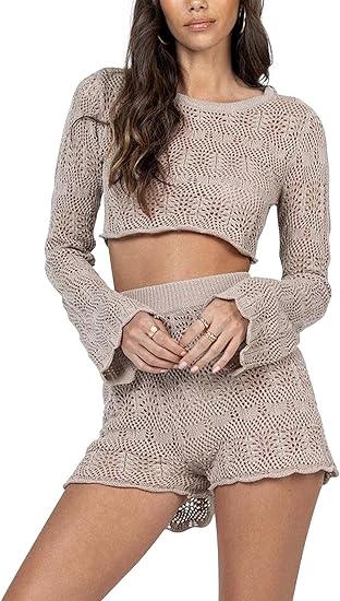 Photo 1 of    XL  Women Hollow Out Knit Sets 2 Piece Long Sleeve Crop Top and High Waist Shorts Lounge Tracksuit Outfits