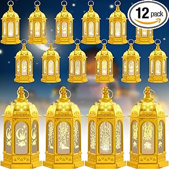 Photo 1 of 12 Pcs Ramadan Lanterns LED Lantern Decorations Vintage Moroccan Style Hanging Lanterns Mini Eid Table Centerpieces for Home Table Party Wedding Decor (Golden)