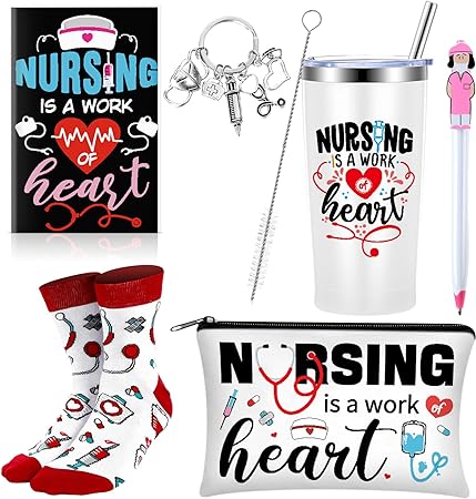 Photo 1 of 6 Pcs Nurse Appreciation Gifts Set Nurse Stainless Steel Tumbler Nurse Notebook Pen Socks Nurse Cosmetic Bag Keychain