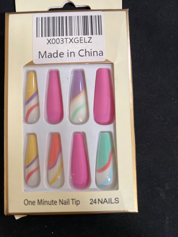 Photo 2 of 24Pcs Coffin Press on Nails Long Fake Nails French Designs Color Stripes False Nails Matte Acrylic Glue on Nails Full Cover Stick on Nails Women Girls Nail Decorations 5 Pink&White&Yellow